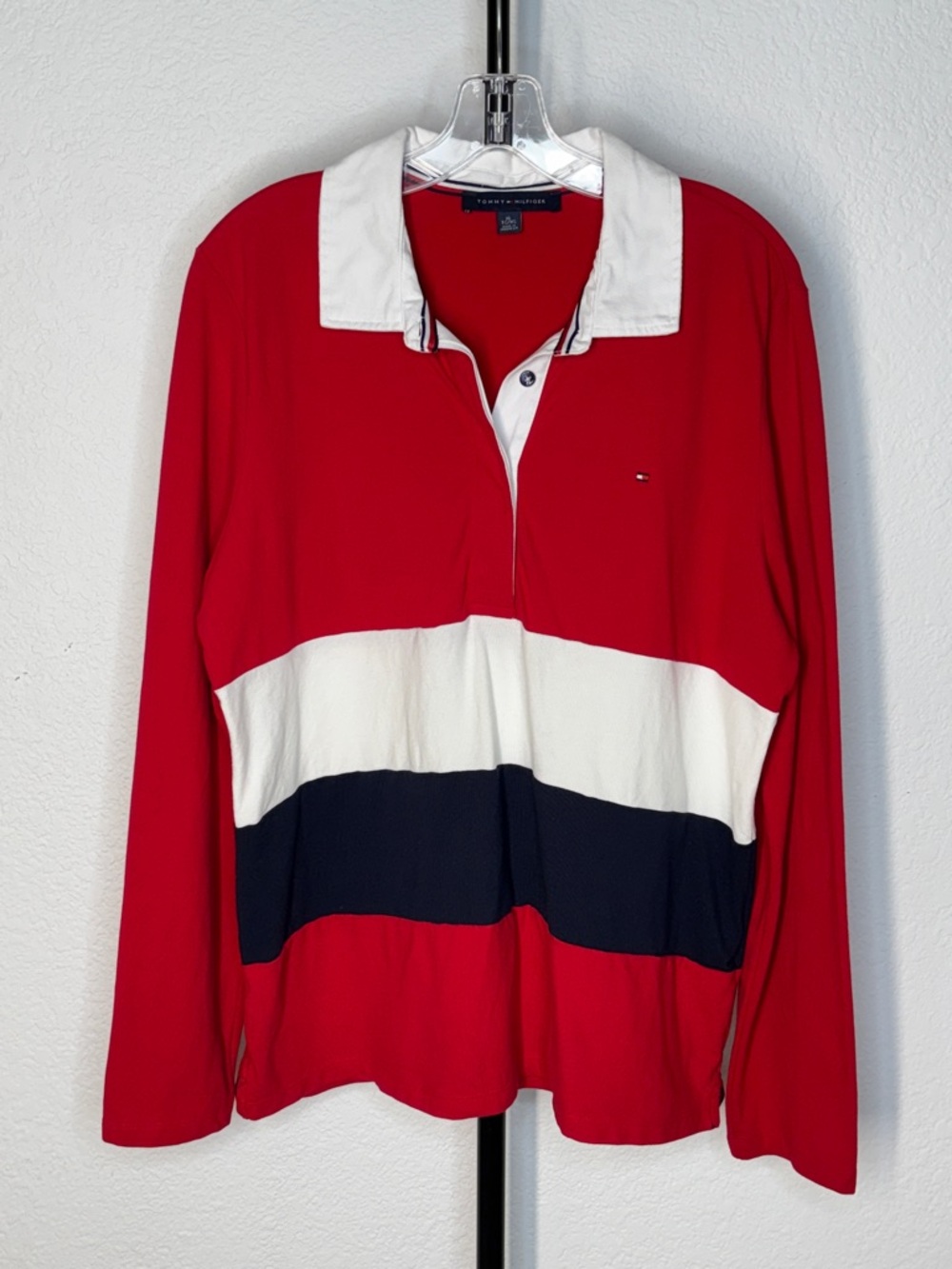 Tommy Hilfiger Kids Red White Navy Long-Sleeve Rugby Polo XL